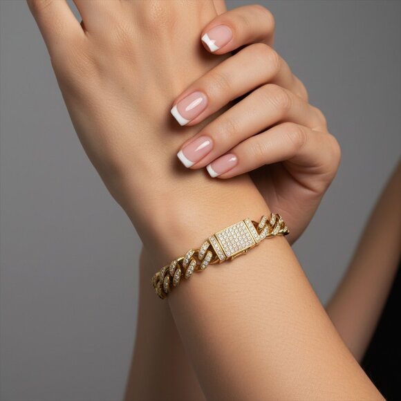 Diamond Studded 14K (or 18k upon request) Yellow Gold Cuban Chain Bracelet - Picture 4 of 4